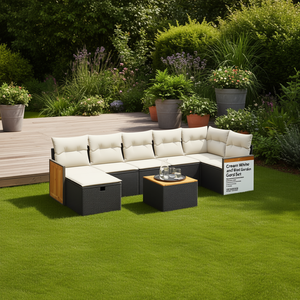 Ensemble de canapés de jardin en rotin moderne avec coussins crème, 6 places, structure en teck, design contemporain - Product Image 2