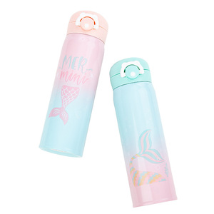 Bouteille d'eau portable pour étudiants Seaygift, motif de dessin animé mignon, bouteille d'eau en métal thermos avec couvercle à ressort, dégradé créatif, sirène - Product Image 1