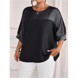 Blusa de Talla Grande para Mujer FOXA, Manga 3/4, Cuello Redondo, Satén de Seda, Manga Murciélago, Diseño Empalmado, Elegante, Casual, para Salir - Product Image 3