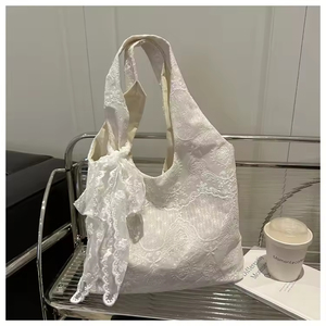 Bolsa de Mano de Lona Blanca Pura a la Moda para Mujer, Gran Capacidad, con Lazo Abierto y Bonito Estampado Floral, Forro de Poliéster - Product Image 1