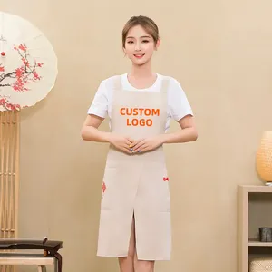 Logo ile özel baskılı pamuk Polyester su geçirmez şef pişirme iş önlükleri Cafe restoran mutfak önlük için