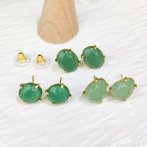 Bijoux fantaisie femmes boucles d'oreilles à facettes ronde ovale poire pierres précieuses vert Aventurine plaqué or goujons Jade boucles d'oreilles pour cadeaux - Product Image 6