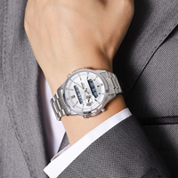 Jam Tangan Digital Pria Stainless Steel Chronograph Alarm Kalender Hari Minggu Bercahaya Tahan Air Mewah OEM Logo Grosir Pabrik