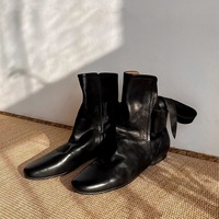Sepatu Bot Pendek Wanita Model British, Hiasan Pita, Ujung Persegi, Hak Rendah Datar, Kulit Sapi Asli, Model Slip On, untuk Musim Dingin