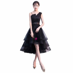 Women's Black Asymmetrical Evening Gown <b>A</b>-<b>Line</b> Short Chic Spring <b>Dress</b> Natural Waist Slimming Elegant Socialite Style - Product Image 5