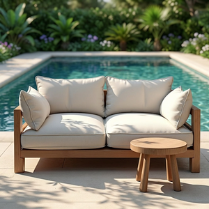 Sofá de Dos Plazas para Exteriores de Madera de Teca con Mesa Auxiliar Redonda y Cojín Crema - Product Image 1