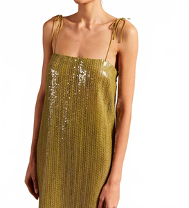 Pistachio Green Sequined Halter Neckline <b>Spaghetti</b> <b>Strap</b> Diamonds Solid Color Casual Washable Midi Dress - Product Image 1