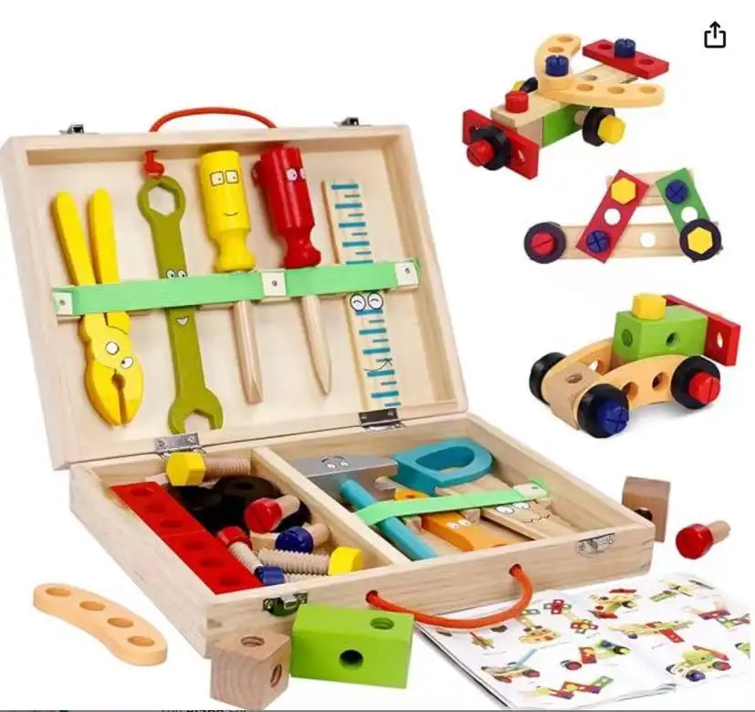 बच्चों के लिए 2023 हॉट सेल टूल किट 36 पीसी लकड़ी के टोडलर टूल सेट में टूल बॉक्स मोंटेसरी शैक्षिक स्टेम निर्माण खिलौने शामिल हैं।