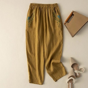 Cotton Linen Embroidered Harem Pants Elastic Waist Loose Fit Casual Cropped Pants With Pockets Breathable Women's Pants - Product Image 5