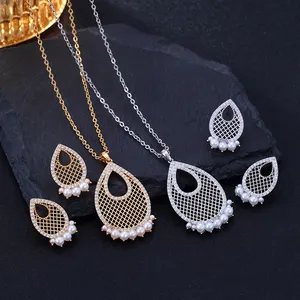 High Quality Zircon Water Drop Necklace Set Earrings For Women Elegant Pearl Bridal Wedding Jewelry Sets