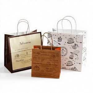 Custom Logo Offset Printed Recyclable Kraft Paper <b>Bag</b> for Food Takeaway Bakery Cookie Packaging Shopping Hand Length Handle - Product Image 1