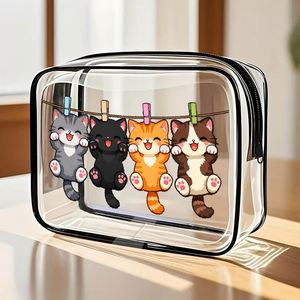 Sac de rangement pour maquillage en PVC transparent avec fermeture éclair, motif de chat mignon, idéal pour les amoureux des chats et les passionnés de maquillage - Product Image 1
