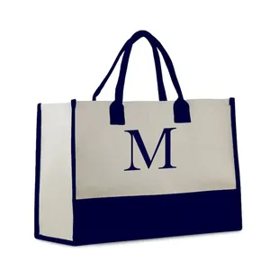 custom high end personalized initial monogrammed gift waterproof wedding blue canvas cotton tote bag holiday shopping bag