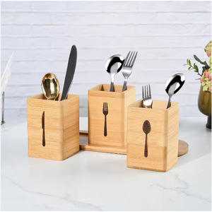 Caja de almacenamiento de cubiertos de bambú, organizador de cocina Rectangular con 3 compartimentos, soporte de escritorio ecológico para tenedores, cucharas y cuchillos - Product Image 5