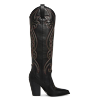 Bottes larges rétro brodées Style occidental Bottes hautes à talons compensés pour femmes Bottes de cowboy à talons hauts Mode PU noir