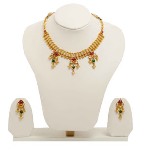 Gold Plated Kundan <b>Necklace</b> <b>Set</b> with Red Green Stone Drops and Pearl Danglers Traditional <b>Indian</b> Bridal Jewelry - Product Image 3