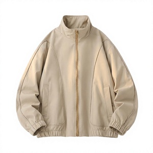 Chaqueta Beige para Hombre, Cuello Alto, Cierre de Cremallera, Cortavientos, Casual, Corte Holgado, Otoño, Manga Larga, Color Sólido - Product Image 1
