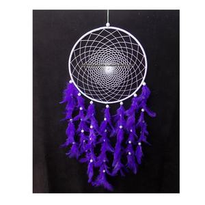 Attrape-rêve traditionnel fait à la main, en plumes violettes, perles blanches, pour décor de la salle Brd - Product Image 1
