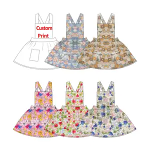 2024 New Design Girls Pinafore Floral Dress Kids Boutique Vintage Girl Lace Front Pockets Back Bow Pinafore