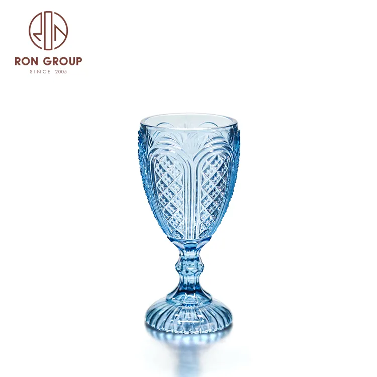 Оптовая продажа, небьющаяся стеклянная посуда на заказ, цветная чашка для питья воды, прессованные гравированные синие винтажные стеклянные бокалы, бокалы для вина