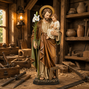 Statue religieuse catholique en résine de Saint <span class=keywords><strong>Joseph</strong></span> et Jésus, artisanale et peinte à la main, d'une valeur artistique - Product Image 5