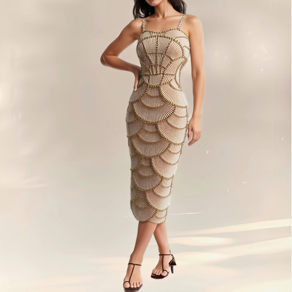 Luxury Custom Designer Sparkly Beaded Cutout Bodycon Cocktail Midi Dress  for Women Elegant Evening Party Clubwear| Alibaba.com