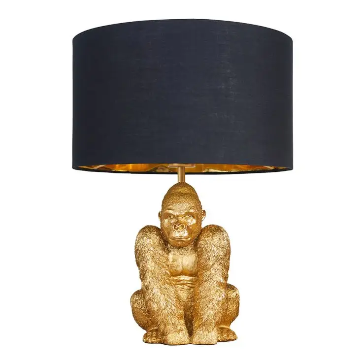 King Gorilla Table Lamp in Gold with Grey and Gold Reni Shade resin decor desk light animal polyresin lighting factory making