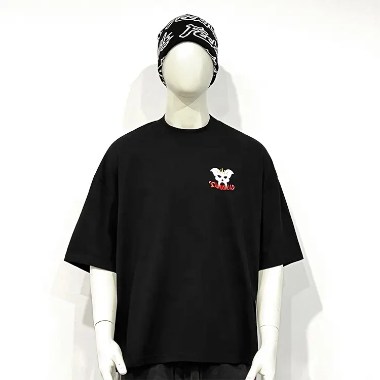 T-shirts noirs graphiques sérigraphiés à col épais personnalisés t-shirt à épaules tombantes pour hommes