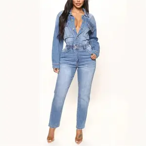 Baju kodok Jeans wanita kasual lengan panjang, Jumpsuit kerah rebah elegan musim semi 2024