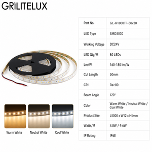 ไฟ LED แบบเส้น SMD3030 80LEDs/เมตร DC24V 9.6W IP68 กันน้ำ ม้วน 5 เมตร ตัดได้ทุก 50 มม. สำหรับโครงการห้องซาวน่า - Product Image 2