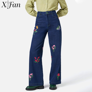 Custom Boutique Ladies Vintage Casual <b>Embroidered</b> Denim <b>Jeans</b> 100% Cotton Washed High Waisted Loose Wide Leg <b>Jeans</b> for Women - Product Image 1