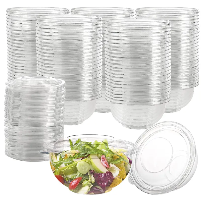 Tigela de salada livre Bpa descartável transparente plástica personalizada do alimento da bacia com tampa 16oz 24oz 32oz 48oz 64oz
