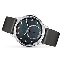 Montre tendance Timeless Elegance avec bracelet en cuir satiné perle zircon gemmes seconde main décalée-toucher délicat exceptionnel