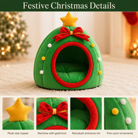 Lit pour animaux de compagnie en forme de sapin de Noël, semi-fermé, pour chat et chien, dôme en peluche chaud pour l'hiver, niche de vacances pour chat