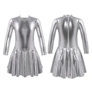 Vestito da ballo per pattinaggio metallico tondo a maniche lunghe con abbigliamento elegante per bambina 6-16Y