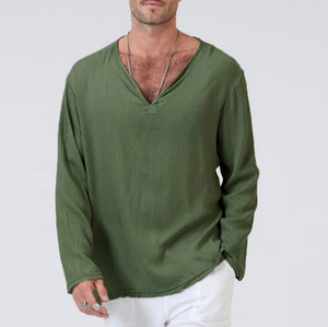 2025 Áo Thun Nam Châu Âu và Mỹ mới cotton và vải lanh phong cách quốc gia lỏng phù hợp với thiế<span class=keywords><strong>t</strong></span> kế giản dị Kỹ thuậ<span class=keywords><strong>t</strong></span> nhuộm trơn - Product Image 4