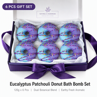 Ensemble de bombes de bain effervescentes en forme de donut à l'eucalyptus et au patchouli, 6 pièces, faites à la main, avec des paillettes violettes et bleues, OEM ODM, étiquette privée