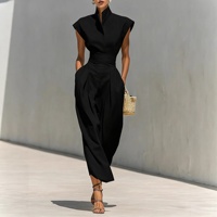 Robe élégante pour femme, style européen et américain, tissée, longue, boutonnée, col montant, coupe droite, unie, printemps-été 2026