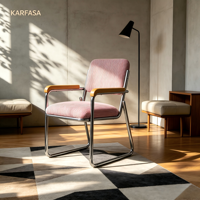 Fauteuil cantilever moderne du milieu du siècle, structure chromée, tissu à motifs vert sauge, accoudoirs en bois pour salon, bureau, café