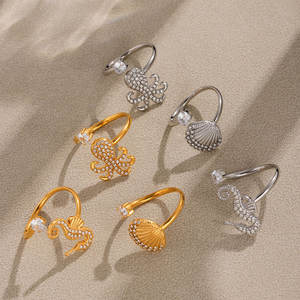 Anillos Finos Resistentes al Deslustre e Impermeables, Chapados en Oro PVD de 14k y 18k, Acero Inoxidable 316L, Anillos con Circonitas y Diseño de Criaturas Marinas para Mujer - Product Image 4