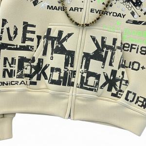 Sudadera con Capucha Corta y Cremallera, Estilo Urbano Personalizado, Estampado Completo, Tejido Grueso de Felpa Francesa, Algodón Vintage, Pedrería, Corte Cuadrado - Product Image 4