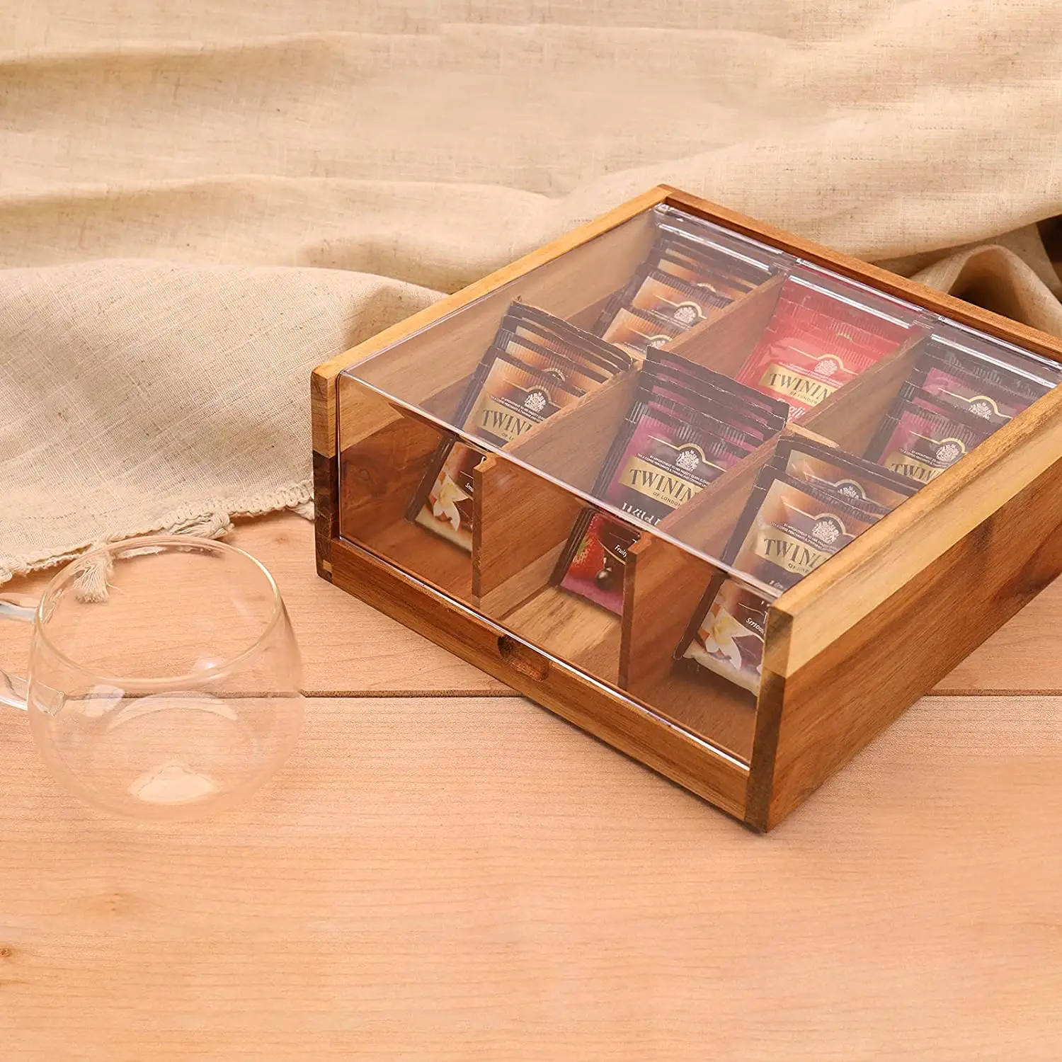 Top Seller Custom Acacia Pantry Tee Organizer mit klarem Fenster Top Holz Teebeutel Organizer Lagerung