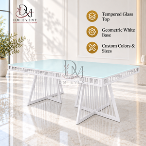 Mesa de Comedor Moderna de Acero Inoxidable Plateado con Cubierta de Vidrio Transparente y Base Doble Geométrica, Proveedor Mayorista para Banquetes y Eventos - Product Image 1