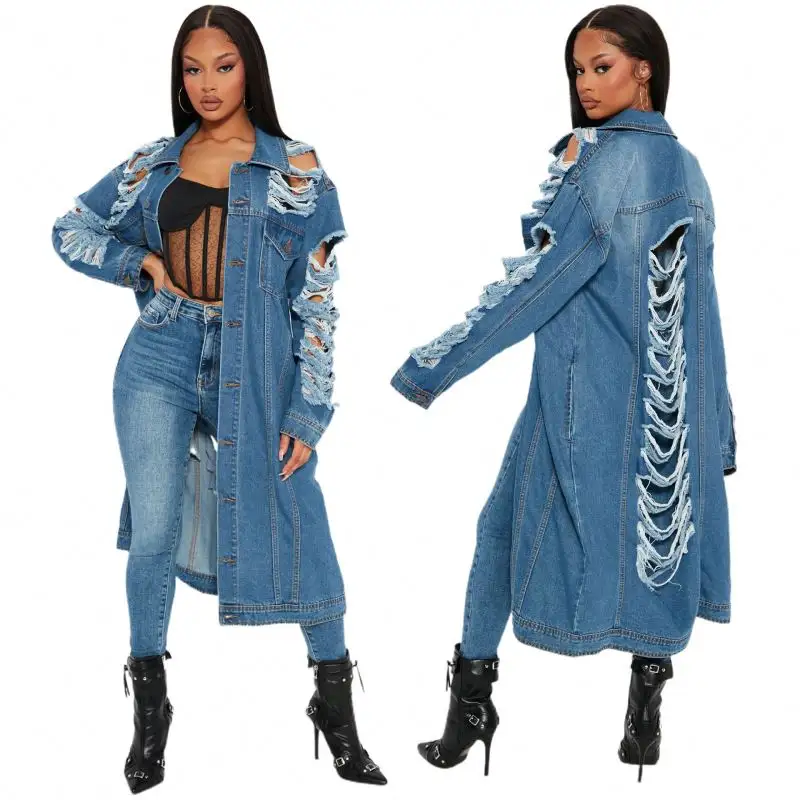 Fall Women Clothes Plus Size Jean Jacket Dark Blue Jean Denim Jackets For Ladies Button Ripped Long Jean Jacket Coat