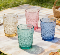 Gelas Tumbler Kaca Vintage Elegan Bermotif Bunga Besar, Warna Solid, Tekstur Tekan, untuk Minuman Air Es, Cocok untuk Musim Semi dan Musim Panas