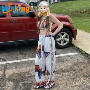 Femmes Sexy papillon imprimé plage porter femme en plein air mode dos nu haut court et pantalon à jambes larges 2 pièces ensemble - Product Image 5