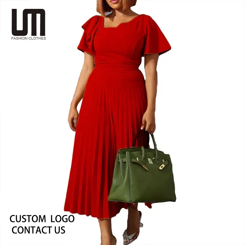 लियू मिंग अफ़्रीकी फ़ैशन थोक 2024 महिलाओं के कपड़े प्लीटेड प्लस साइज़ 3XL हाई कमर लंबी मिडी ड्रेस