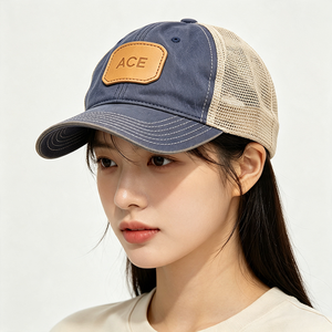 Custom Washed 100% Cotton Canvas Trucker <b>Hat</b> Leather Patch ACE Logo Breathable Mesh Back Vintage Trucker Cap Outdoor <b>Summer</b> - Product Image 1
