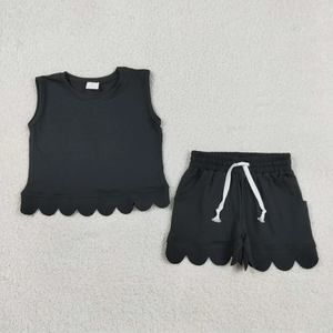 Toddler Girls Lavender <b>Checkered</b> Sleeveless <b>Top</b> with Peter Pan Collar and Scalloped Elastic Waist Shorts Casual Set - Product Image 3