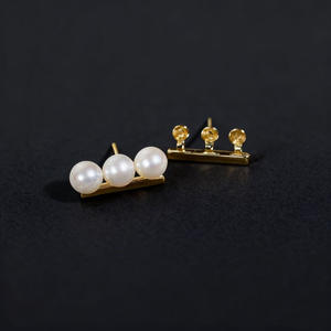 WENCHI 11018 DIY <b>Pearl</b> Accessories S925 <b>Silver</b> Earnail Empty Stand Gold/<b>Silver</b> Three <b>Pearl</b> <b>Earrings</b> with 6-7mm Round Beads - Product Image 3